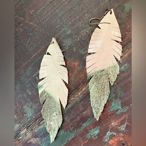 Handmade leather Feather earrings beautiful patina